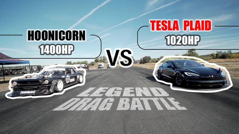 Ken Block's Hoonicorn Vs Tesla Model S Plaid Is An Epic Drag Battle