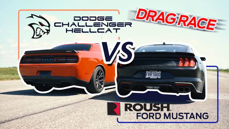 Watch A Dodge Challenger Hellcat and A Roush-Tuned Ford Mustang Choke Each Other Out On The Drag Strip